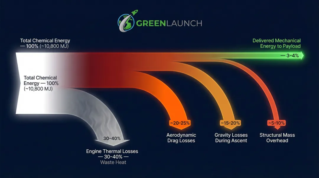 Rocket propulsion energy efficiency flow from chemical input to payload mechanical output