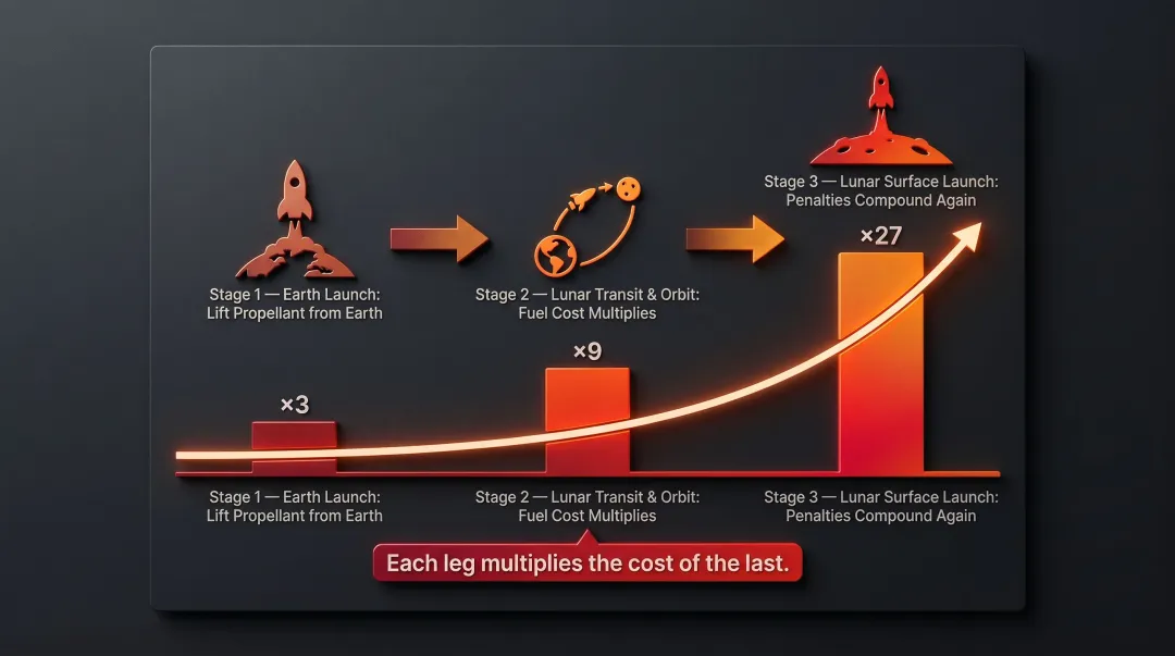 Multi-leg lunar supply chain rocket equation mass penalty compounding cost infographic