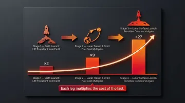 Multi-leg lunar supply chain rocket equation mass penalty compounding cost infographic