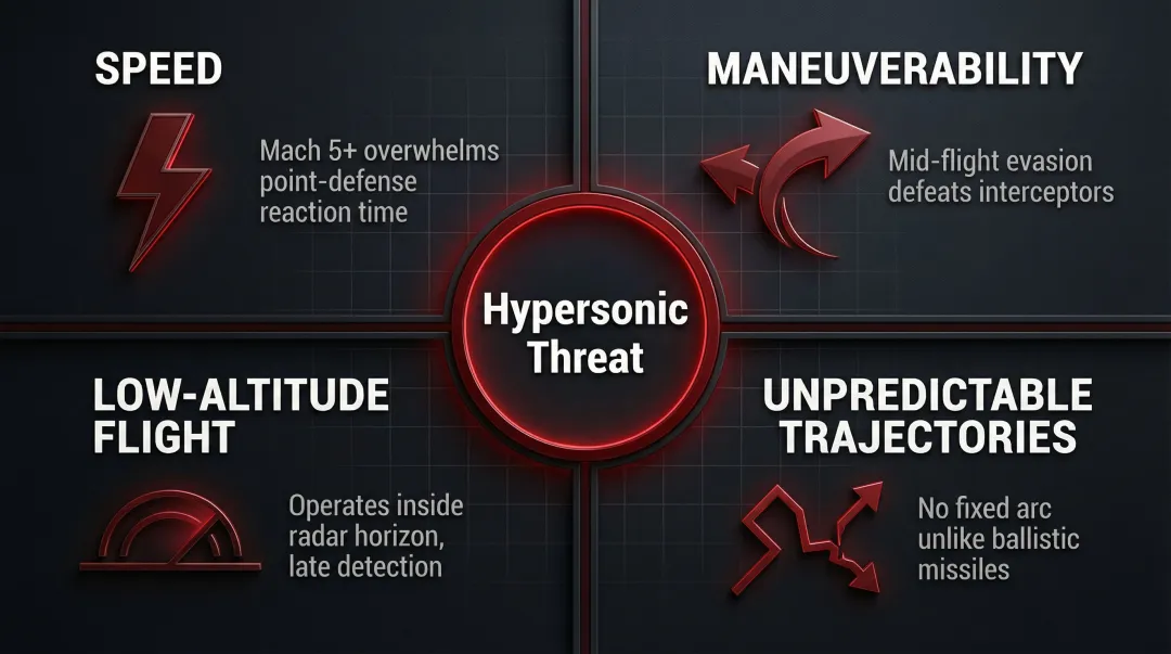 Four hypersonic weapon interception challenges speed maneuverability altitude trajectory diagram