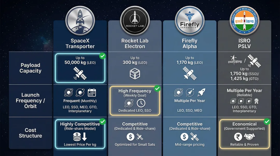 Top microsatellite launch providers 2026 cost cadence and orbit comparison chart