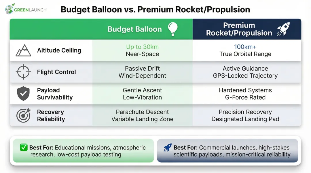 Budget balloon versus premium rocket stratospheric launch capability comparison table