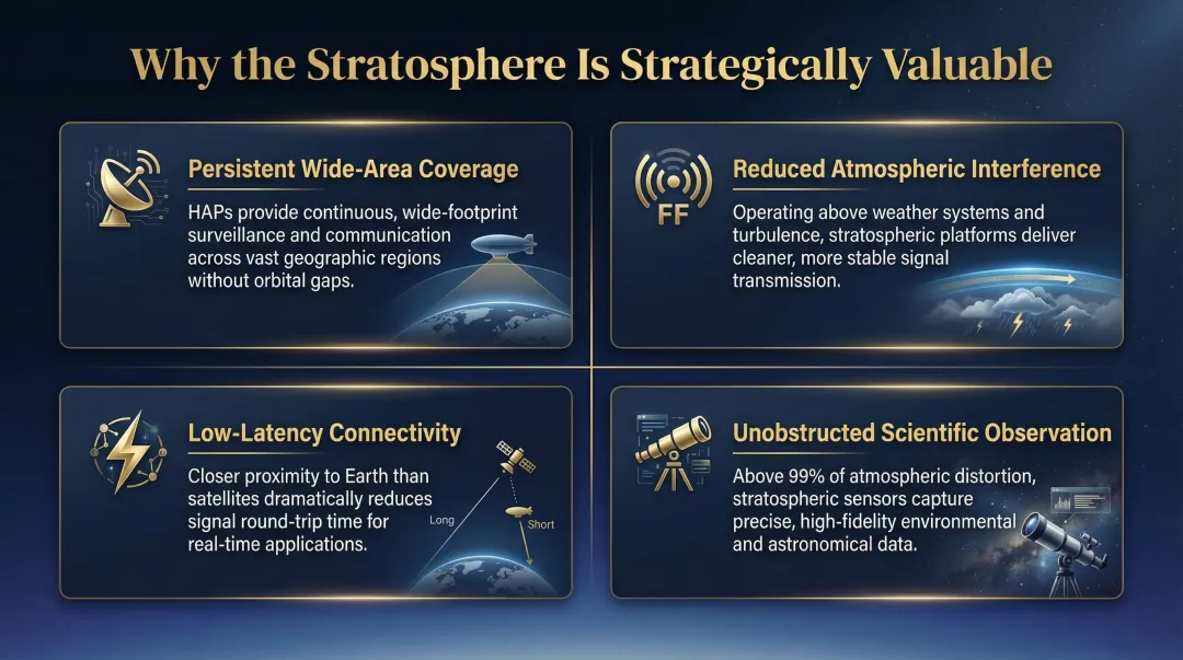 Four stratospheric strategic advantages over satellites and conventional aircraft infographic