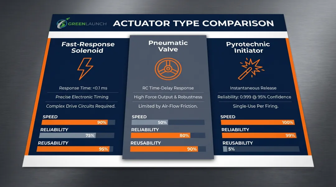 Three actuator types comparison chart for launcher trigger systems response time