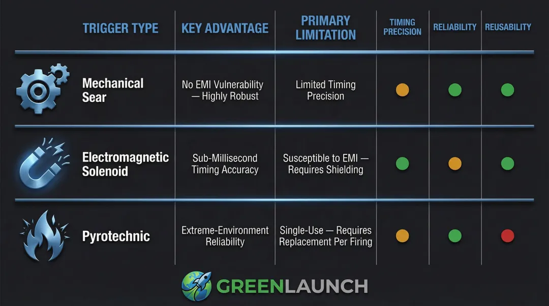 Three trigger configuration types comparison mechanical solenoid pyrotechnic key tradeoffs