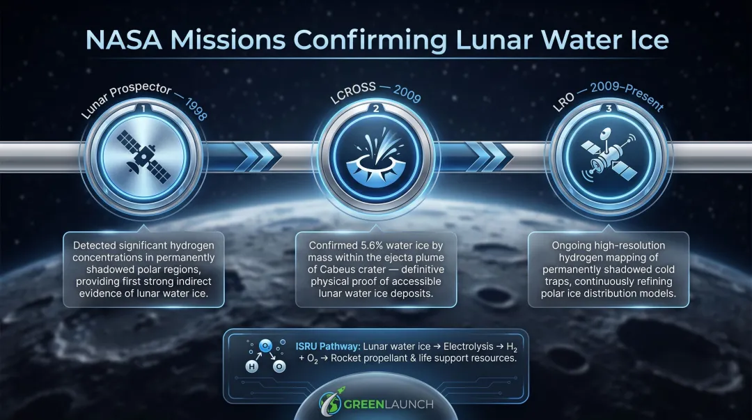 NASA lunar ice discovery timeline showing three missions confirming polar hydrogen deposits