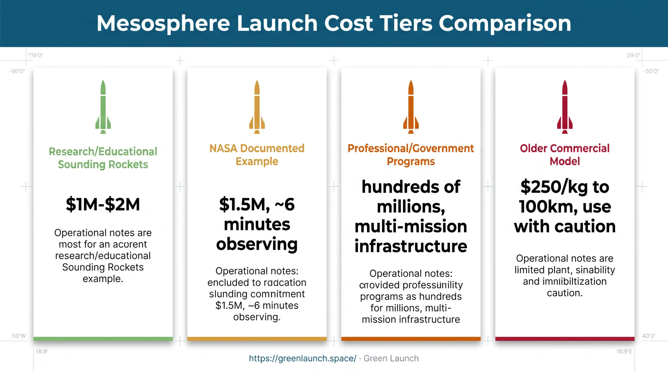 Four mesosphere launch cost tiers from research to custom missions