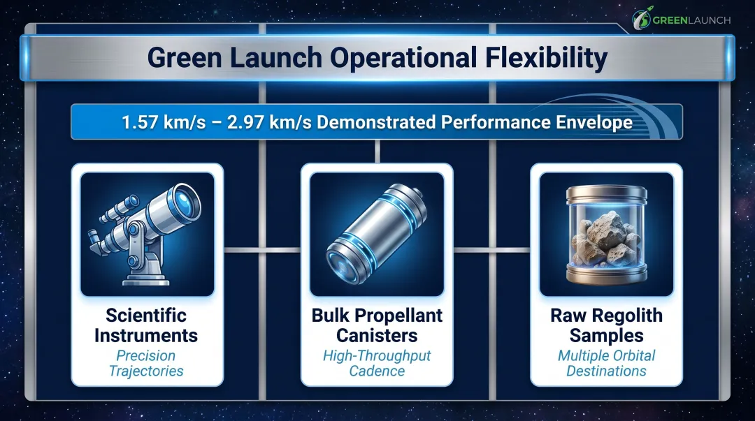 Lunar light-gas launcher payload flexibility three-category overview infographic