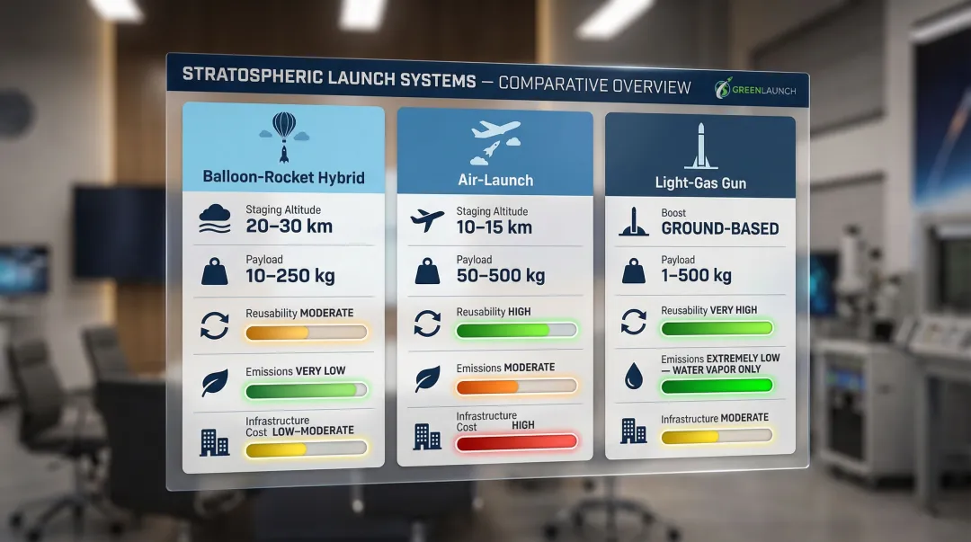 Three stratospheric launch system types side-by-side comparison infographic with key specifications