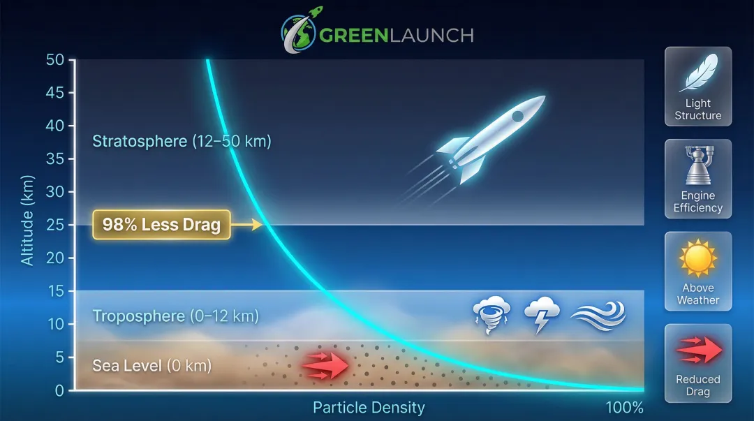 Atmospheric density versus altitude chart showing stratospheric launch drag reduction benefits