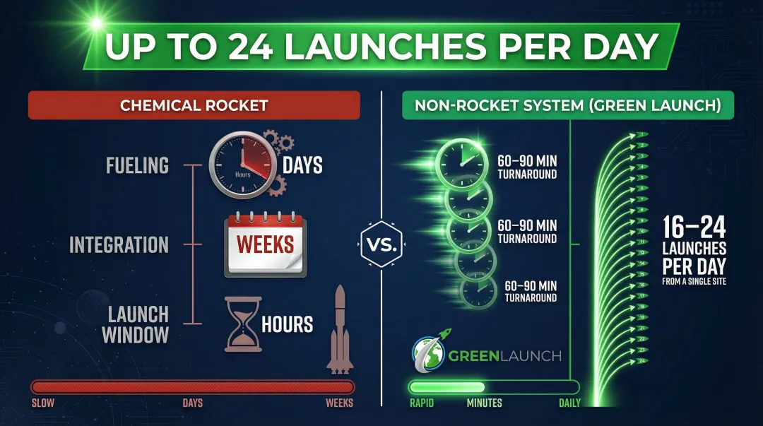 Non-rocket versus chemical rocket launch cadence and daily throughput comparison infographic