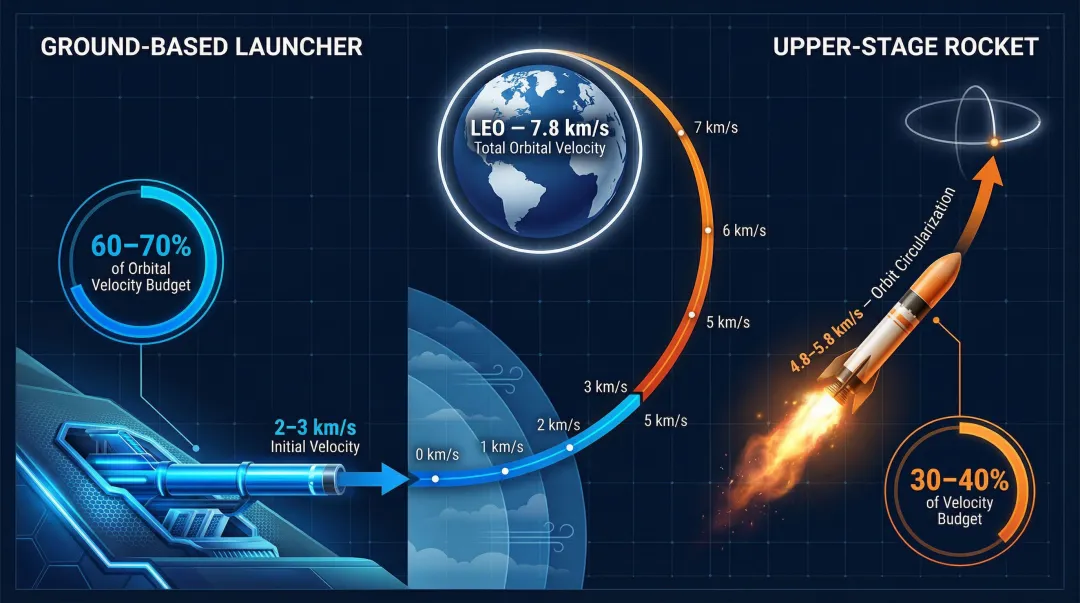 Non-rocket ground launch plus upper stage rocket orbital velocity gap diagram