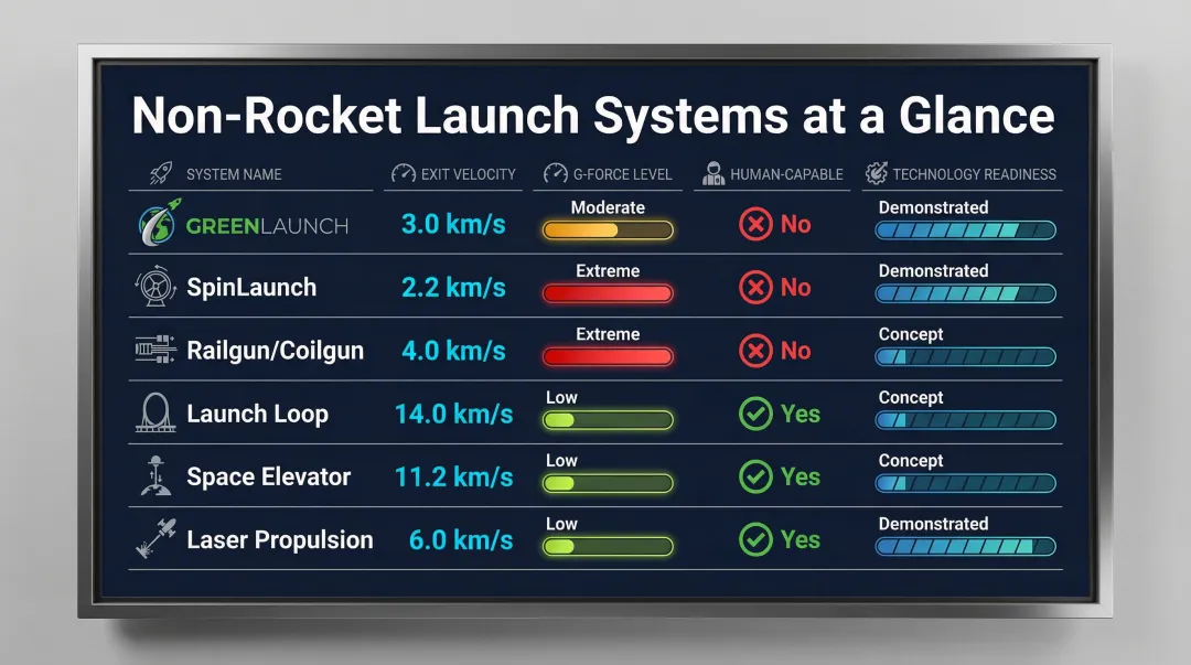 Non-rocket launch systems comparison chart G-forces cost infrastructure and orbital viability