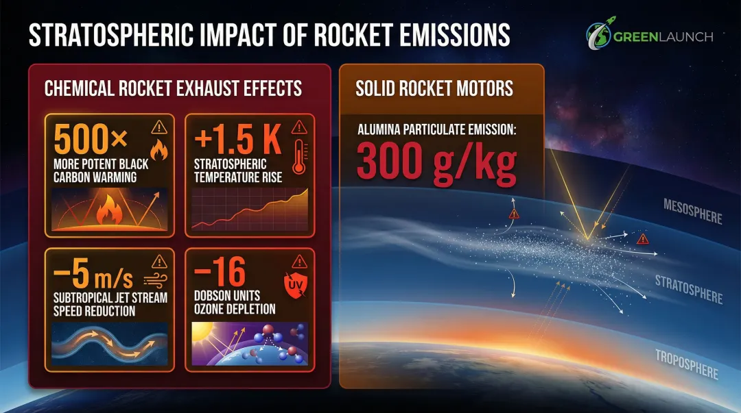 Rocket exhaust stratospheric pollution impact comparison infographic with key data points