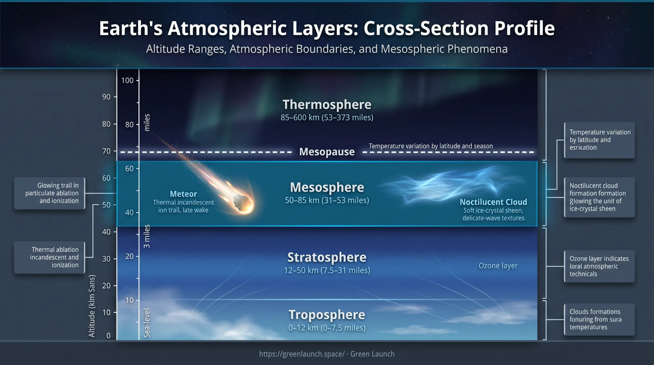 Earth's atmospheric layers diagram highlighting mesosphere altitude range and mesopause
