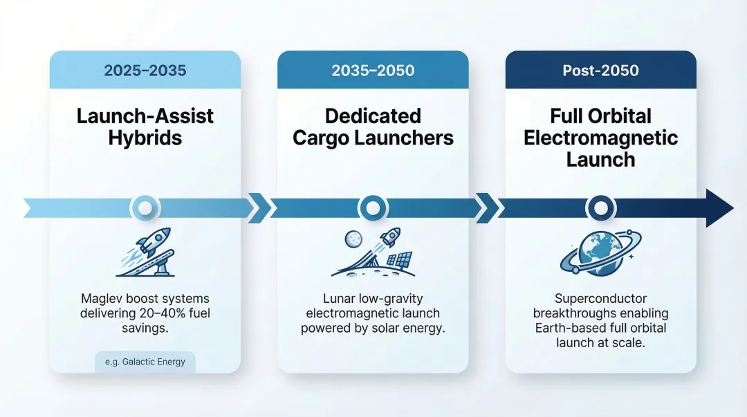 Three-stage electromagnetic launch technology development roadmap timeline 2025 to post-2050