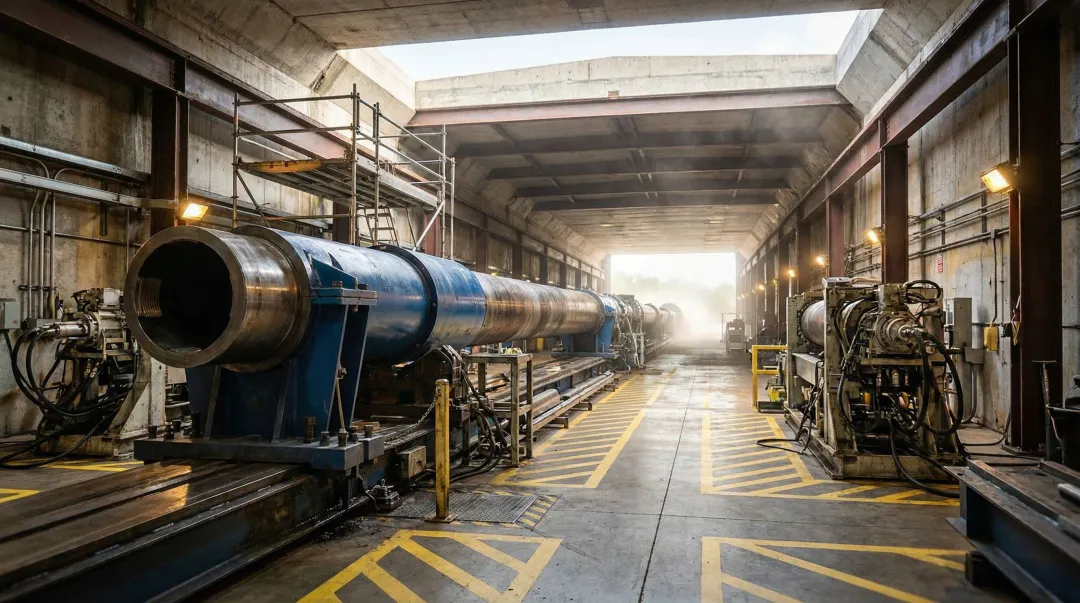 High-velocity light-gas gun launch tube firing projectile at hypersonic speed test facility