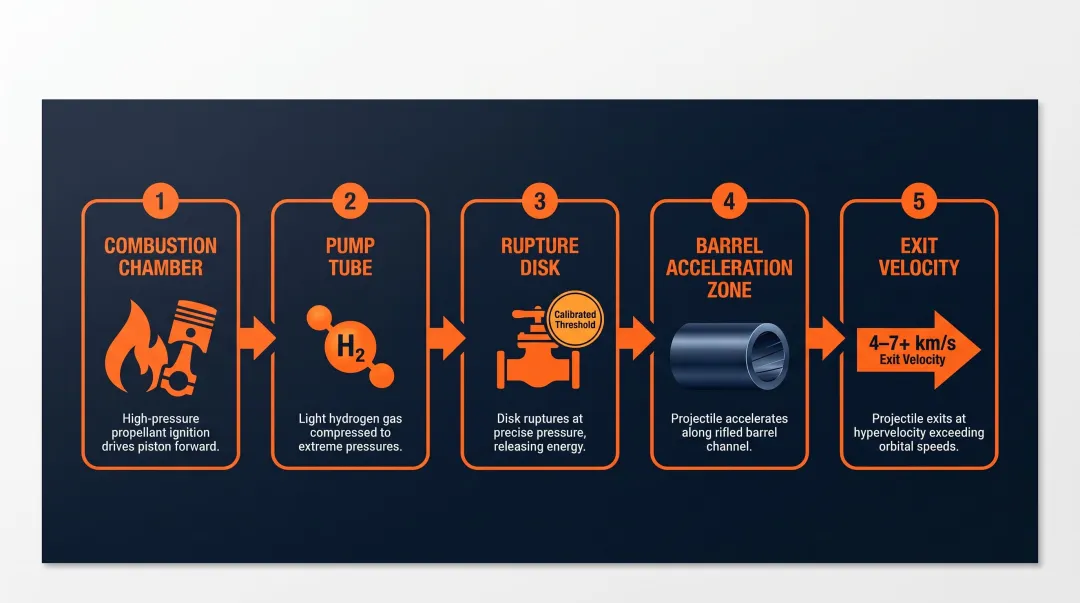 Two-stage light-gas gun mechanics process flow diagram with key components