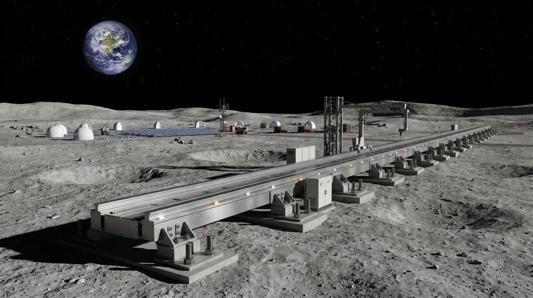Lunar surface base installation with surface-mounted launch infrastructure and regolith terrain