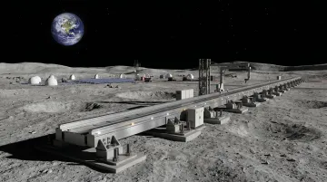 Lunar surface base installation with surface-mounted launch infrastructure and regolith terrain
