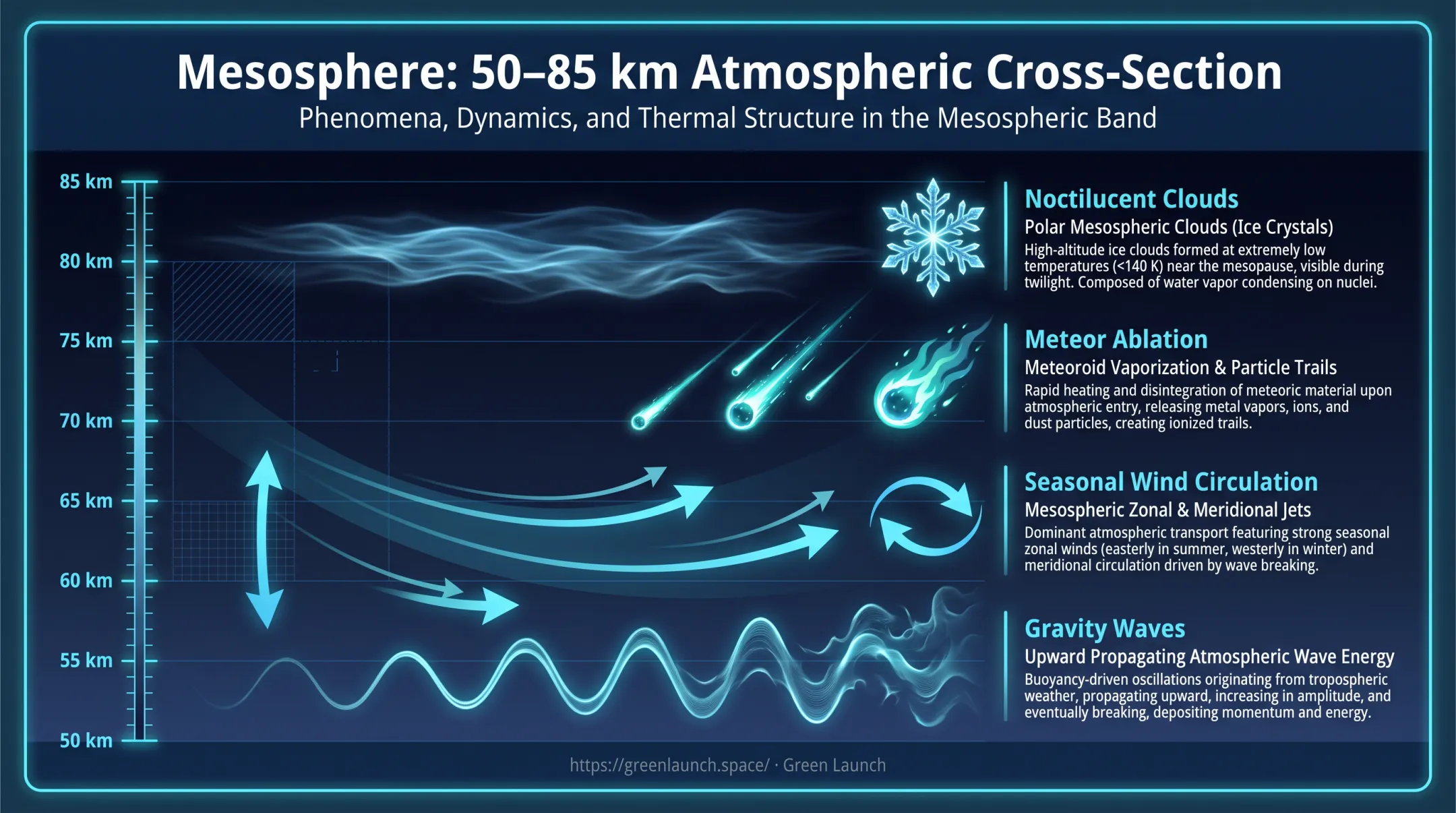 Mesosphere altitude layer diagram showing noctilucent clouds meteors and gravity waves