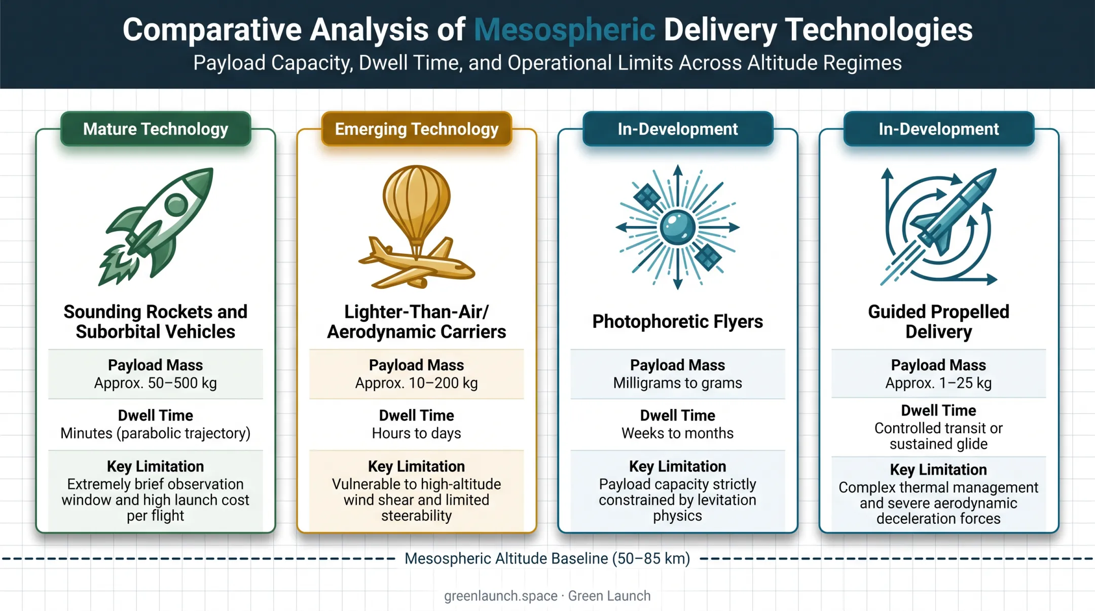 Four mesospheric payload insertion methods compared by mass and dwell time