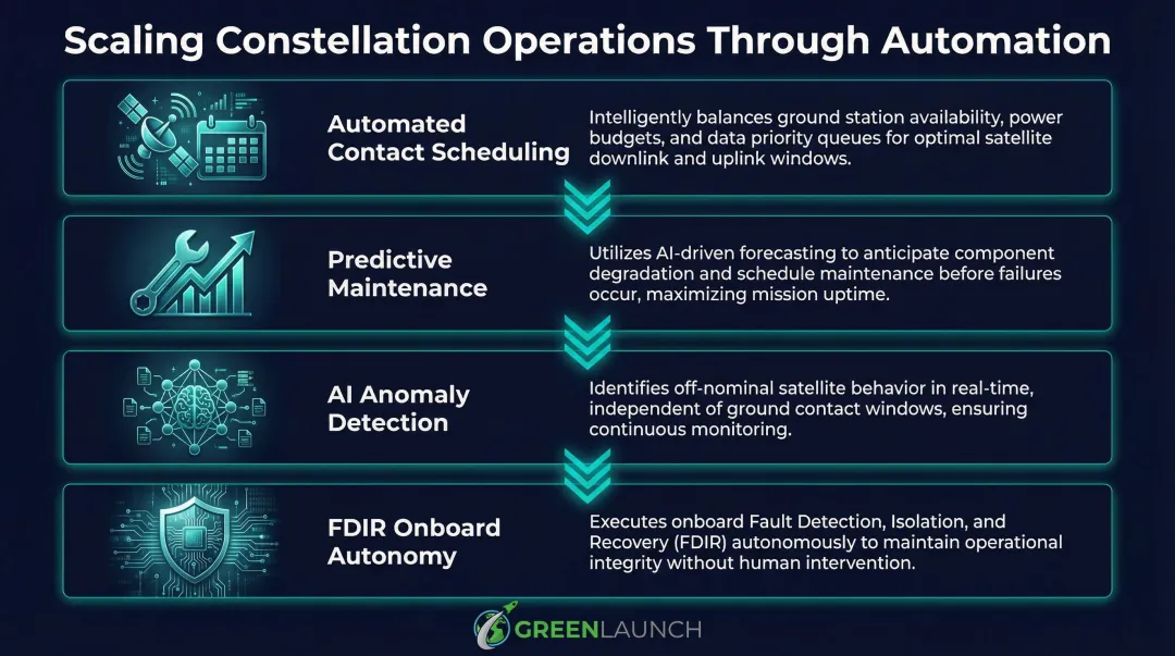 Autonomous constellation operations stack from scheduling to AI anomaly detection workflow diagram