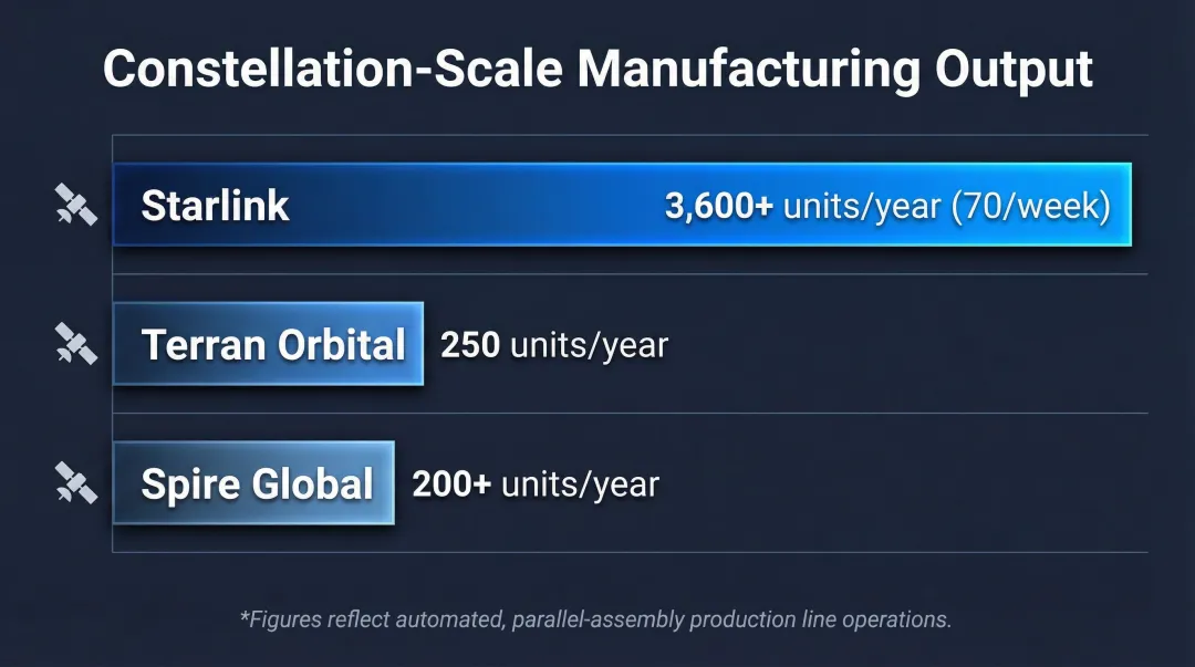 Small satellite production throughput comparison Starlink Spire and Terran Orbital annual output