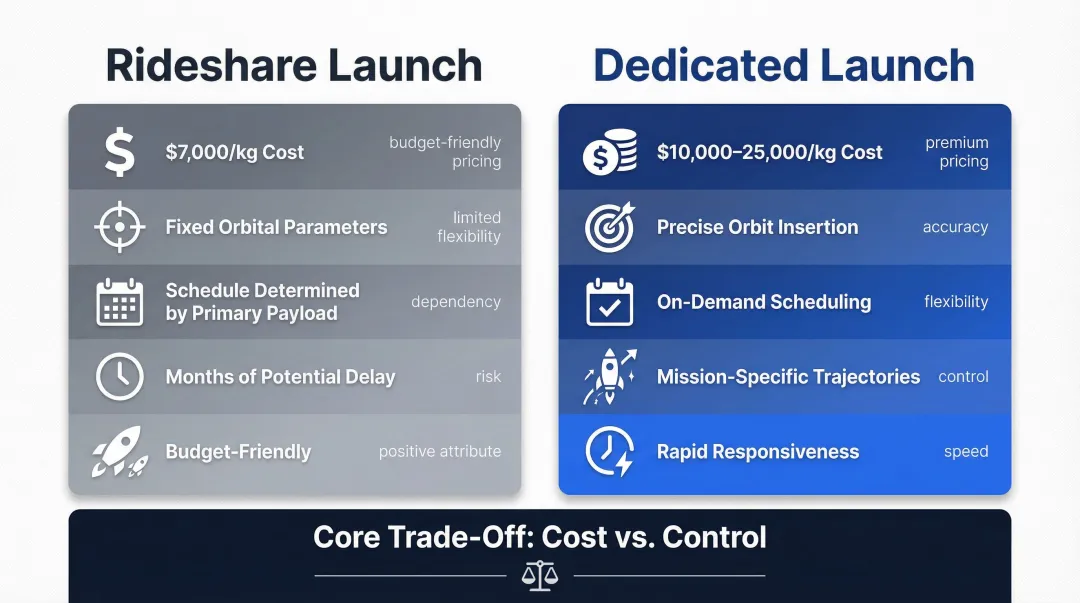Rideshare versus dedicated small satellite launch cost and flexibility comparison infographic