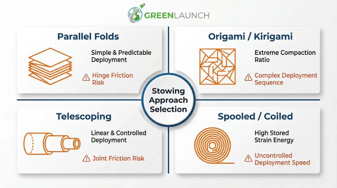 Four small satellite deployable structure stowing methods comparison with advantages and risks