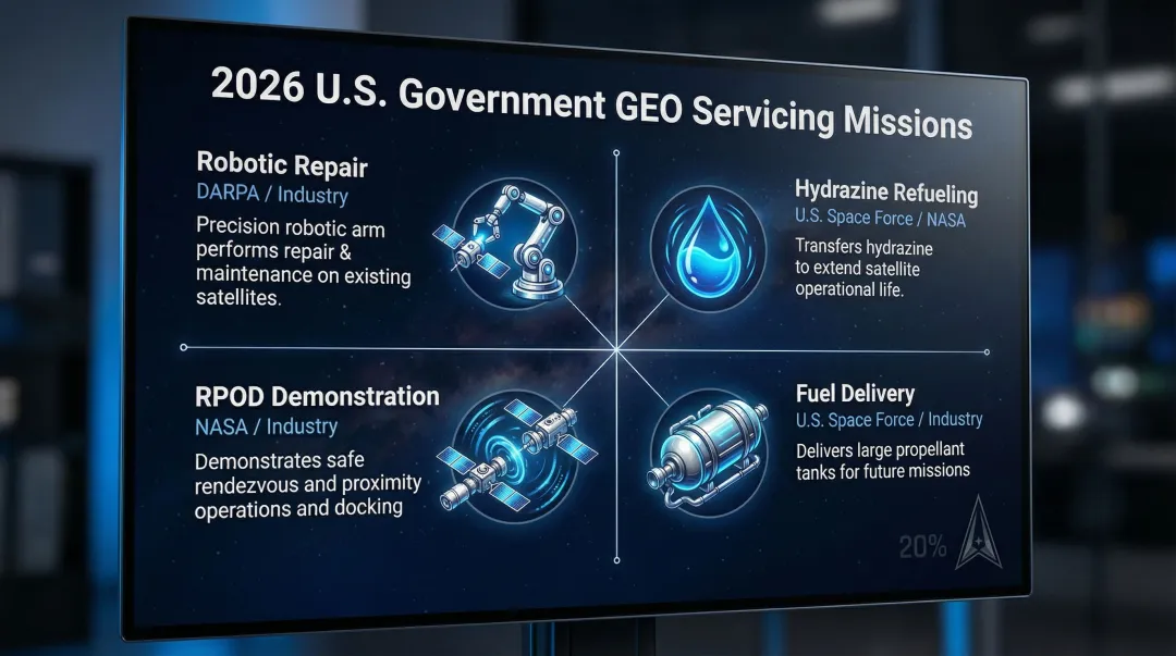 Four 2026 U.S. government GEO on-orbit servicing missions comparison infographic