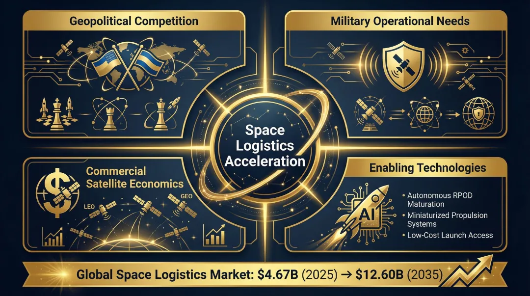 Space logistics enabling technology drivers geopolitical commercial and military pressures diagram