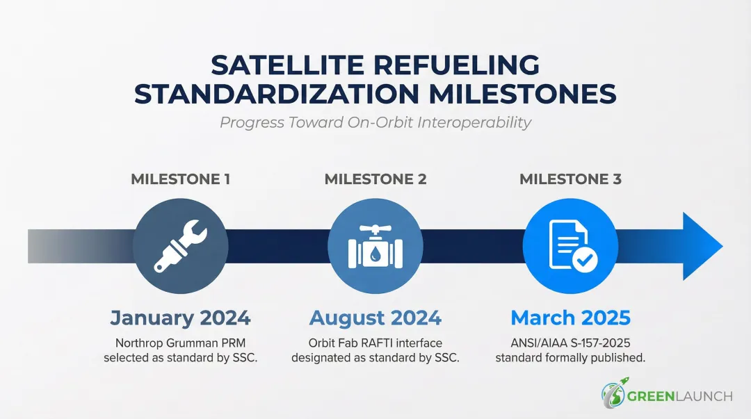 Three satellite refueling interface standardization milestones timeline 2024 to 2025
