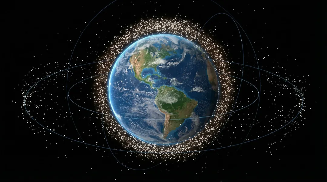 Low Earth orbit debris field visualization showing satellite congestion and collision risk