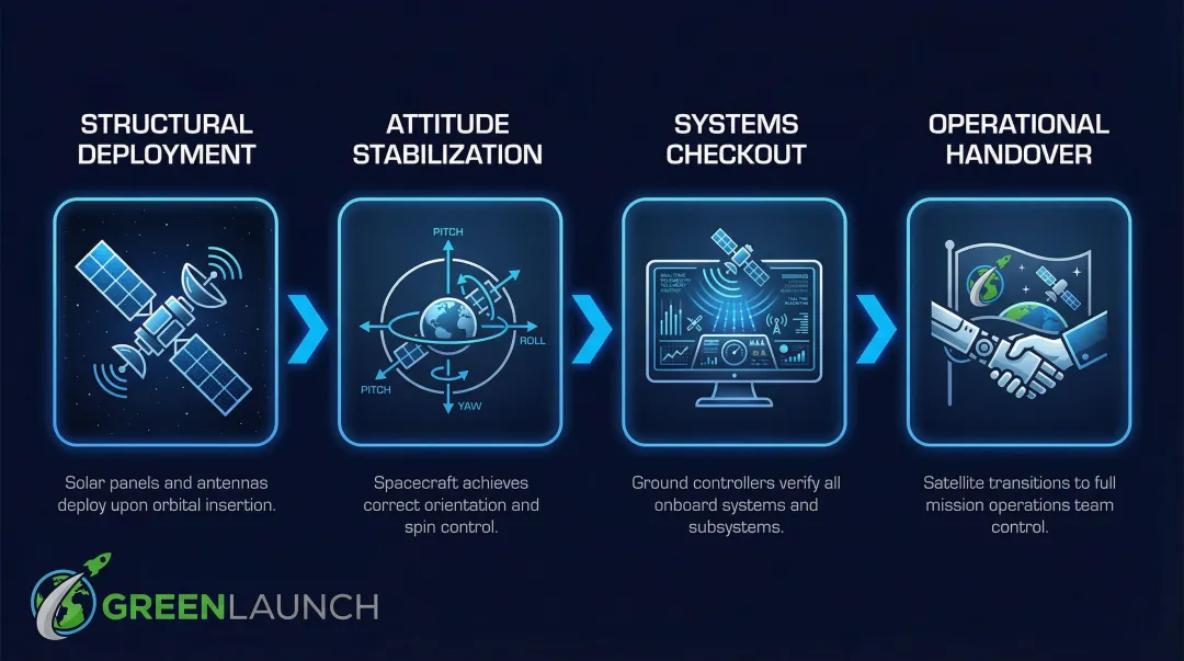 4-stage on-orbit satellite deployment sequence from structural deployment to mission handover