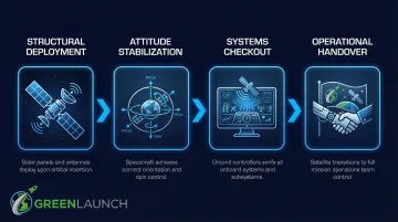 4-stage on-orbit satellite deployment sequence from structural deployment to mission handover