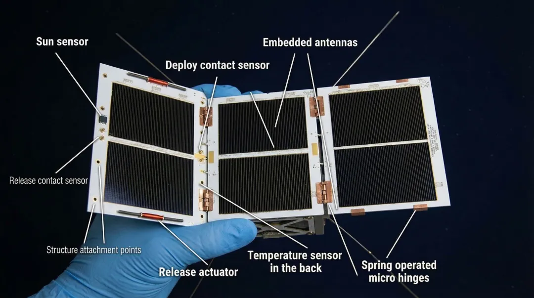 CubeSat deployable solar panel and antenna mechanism extended in orbit