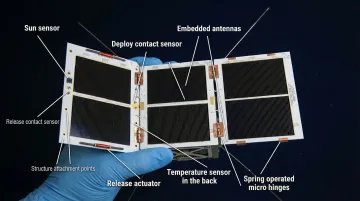 CubeSat deployable solar panel and antenna mechanism extended in orbit
