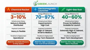 Three-way lunar launch technology comparison chart chemical rocket electromagnetic and light-gas gun