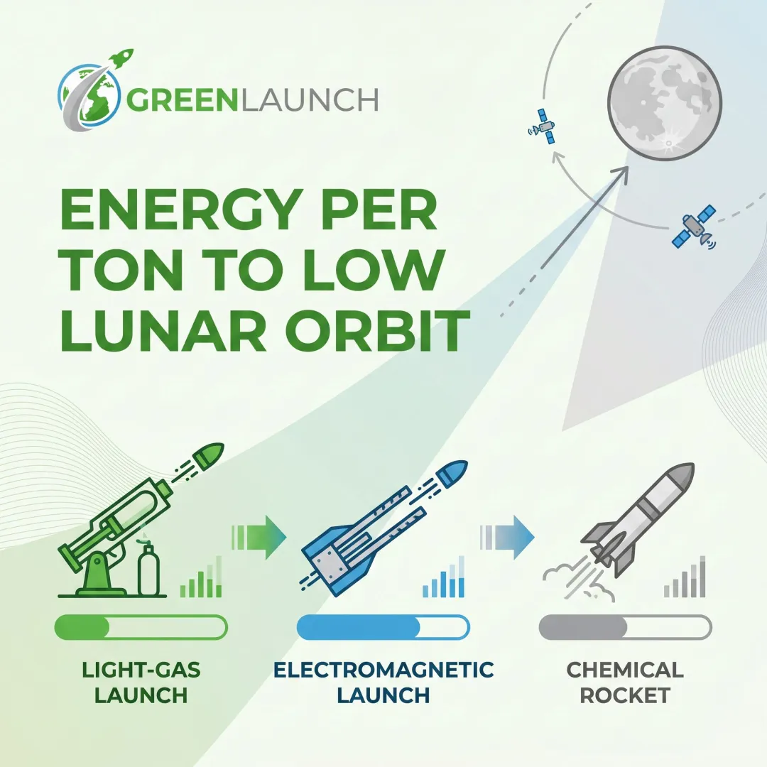 Energy per ton to low lunar orbit: light-gas vs electromagnetic vs chemical rocket