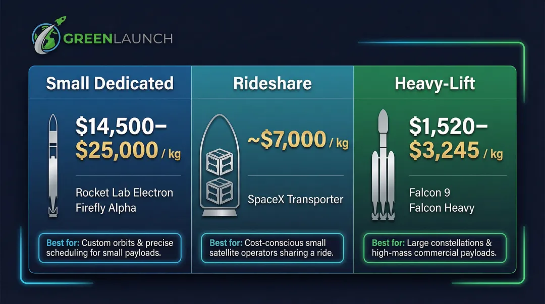 Three-tier rocket launch cost per kilogram comparison from rideshare to heavy-lift