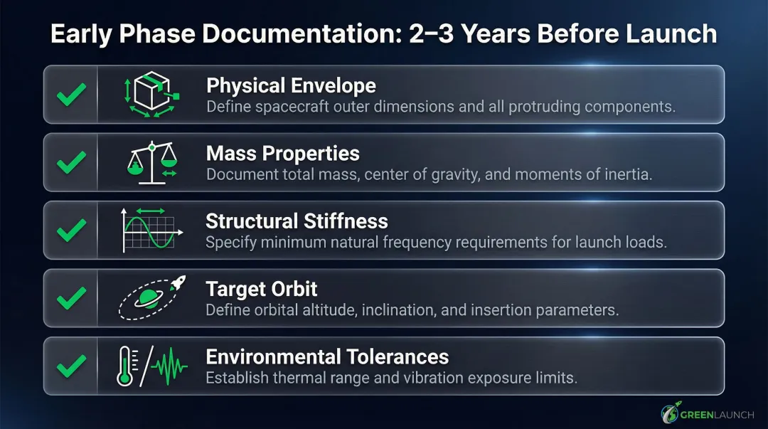 Five satellite parameters required during early launch documentation phase 2-3 years before launch