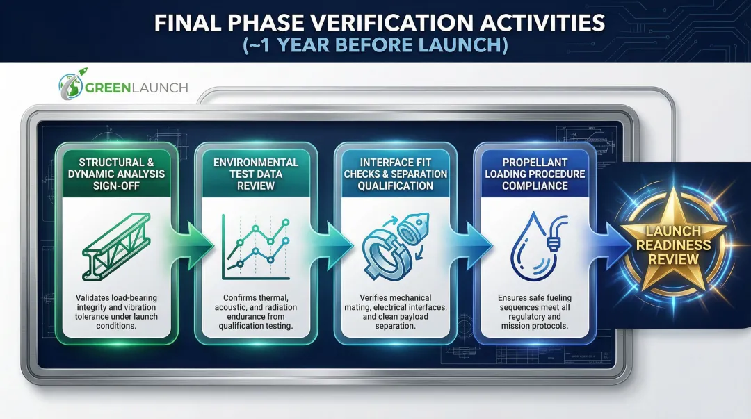 Four-step satellite launch readiness verification process flow from analysis to separation