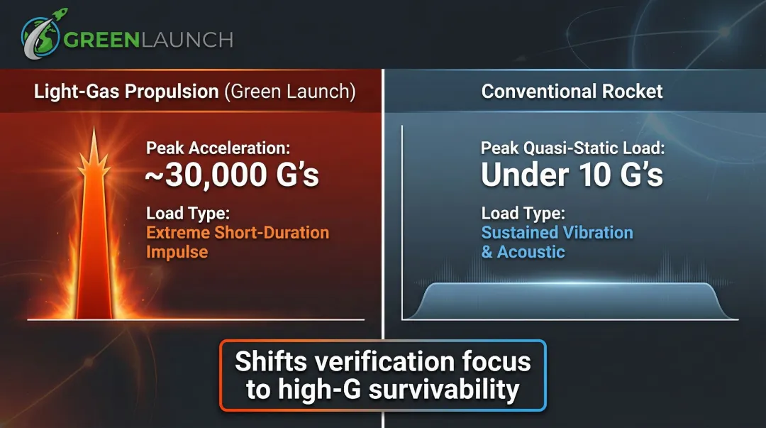 Structural load comparison light-gas gun 30000 G versus conventional rocket 10 G acceleration