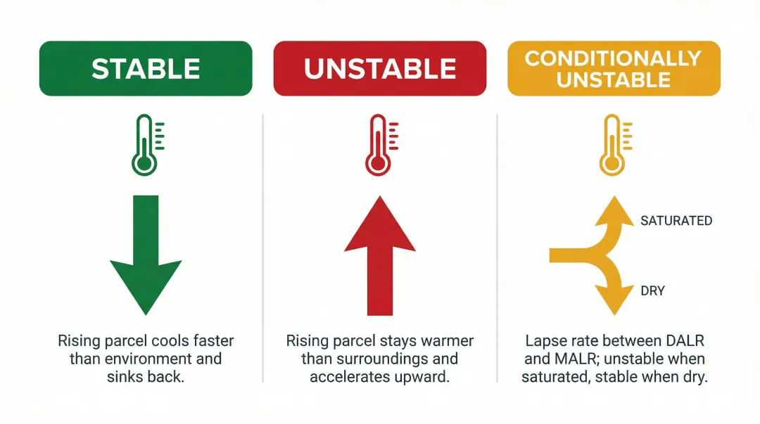 Three atmospheric stability regimes stable unstable conditionally unstable comparison infographic