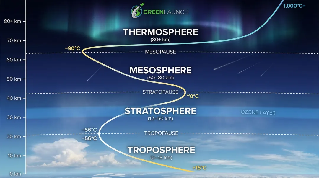 Four atmospheric layers temperature profile from troposphere to thermosphere altitude diagram