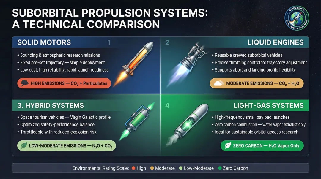 Four suborbital propulsion types comparison chart by mission suitability and emissions