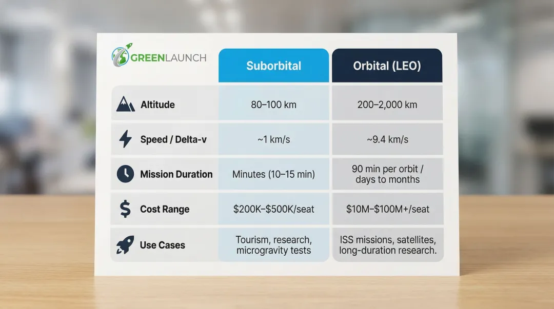 Suborbital versus orbital spaceflight side-by-side comparison key metrics infographic