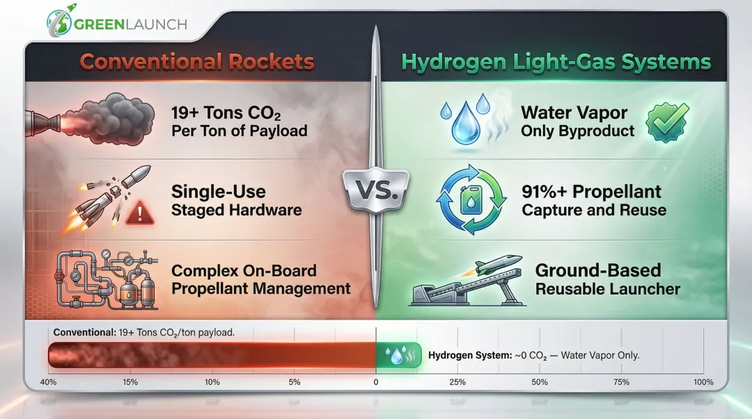 Green Launch hydrogen light-gas system versus conventional rocket environmental comparison infographic