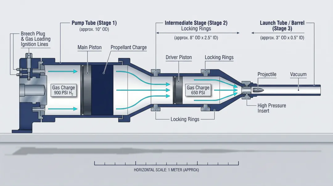 Three-stage light gas gun laboratory system with multi-bore barrel configuration